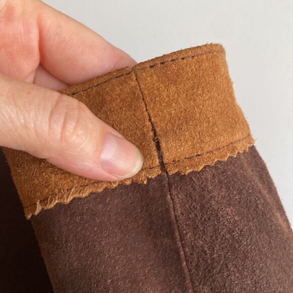 Vintage Brown & Tan Multi-panel Genuine Suede Leather Mini Wrap Skirt Size Small - Picture 13 of 14